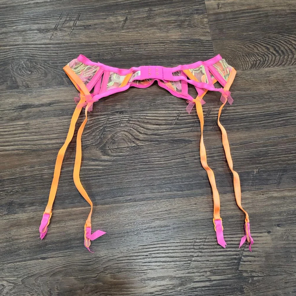 For Love & Lemons Neon Pink Orange Lace Garter Belt Size S New